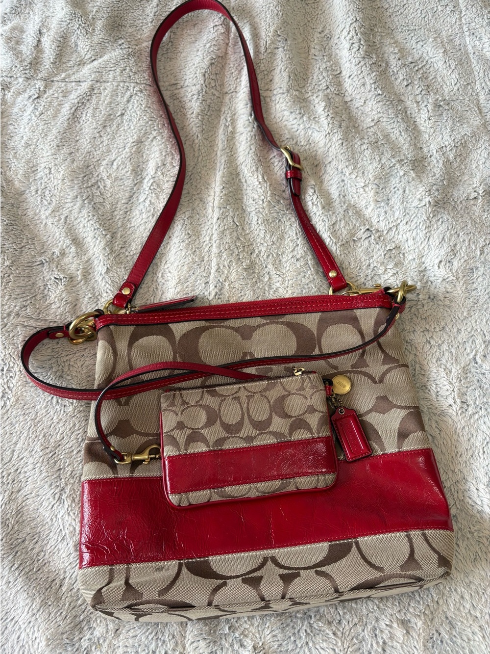 Coach Signature Canvas and Red Leather Crossbody Bag with wristlet